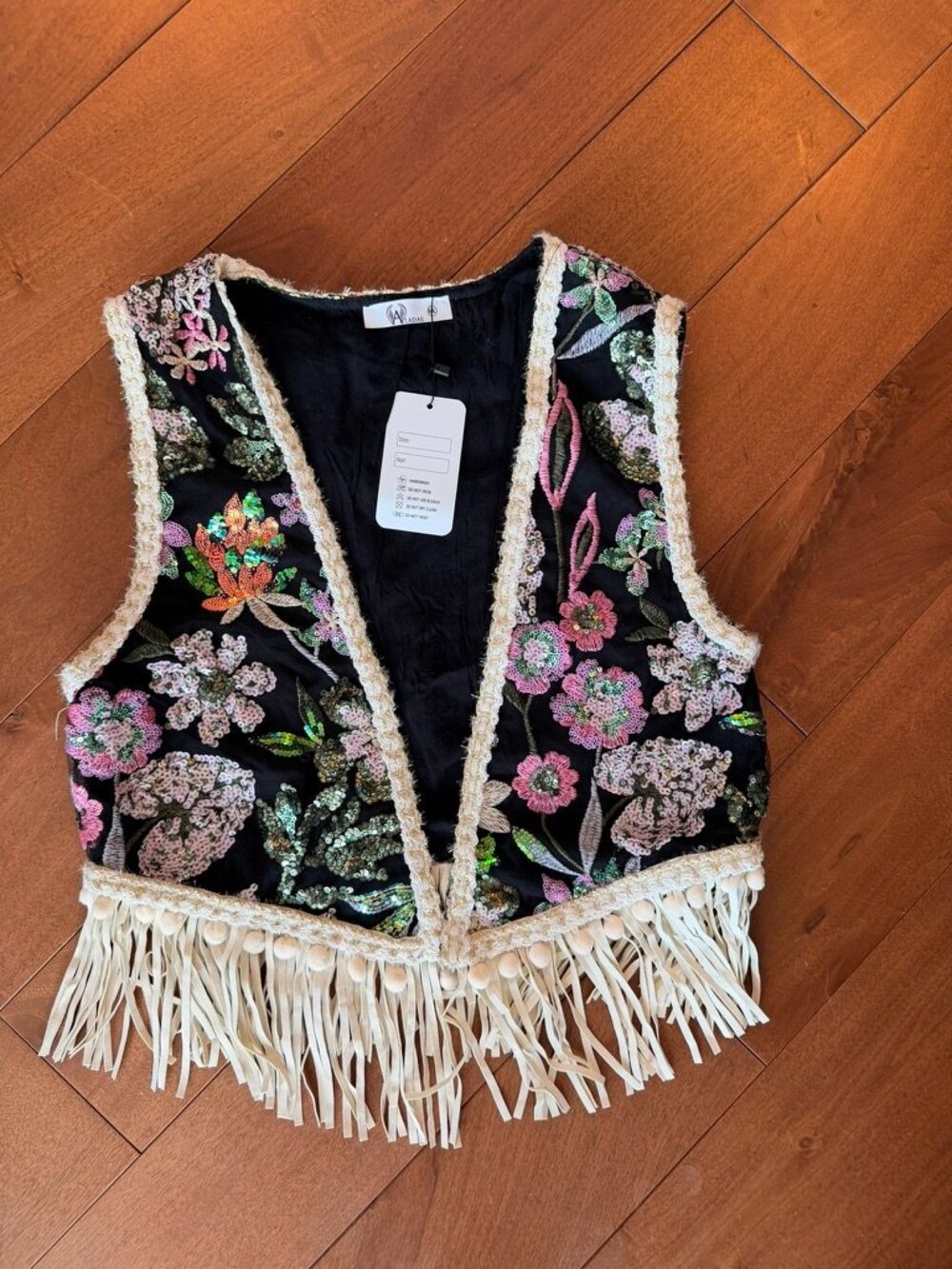 NWT Aladas Sequin Floral Embroidered Fringe Vest Boho Festival M/L